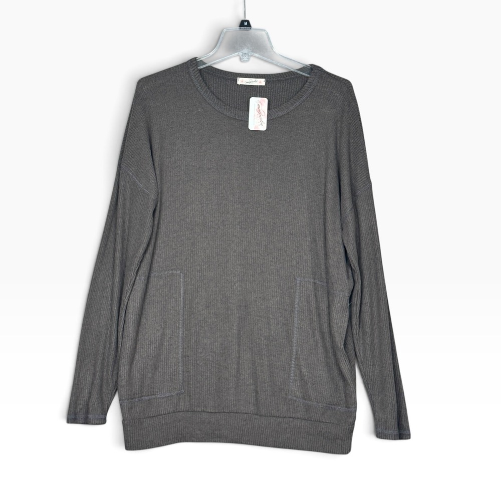 Magnolia Boutique Ribbed Soft Cozy Top Sweater Small Olive Long Sleeve Pocket